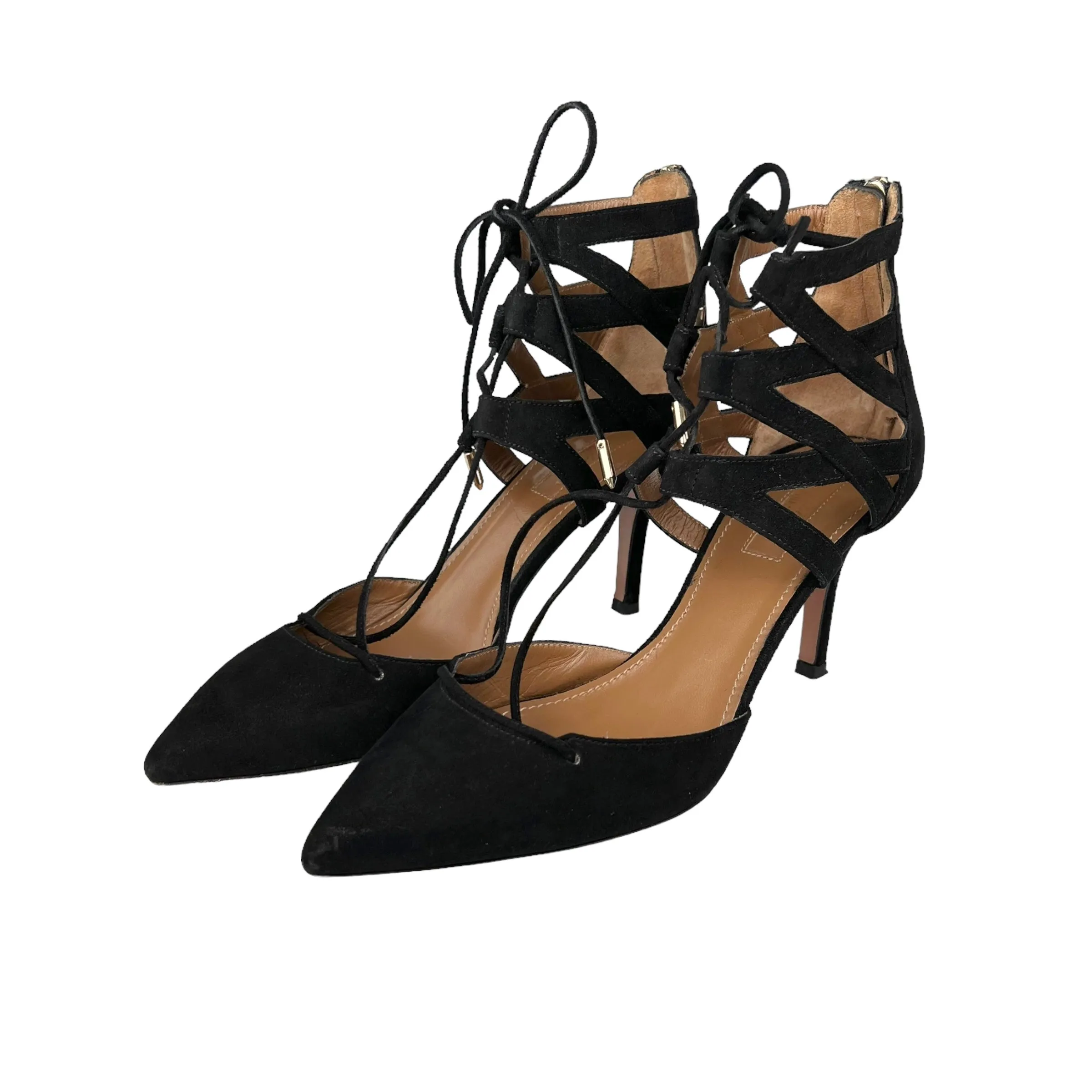 Aquazzura Belgravia 75 Black Suede Lace Up Pointed Heels