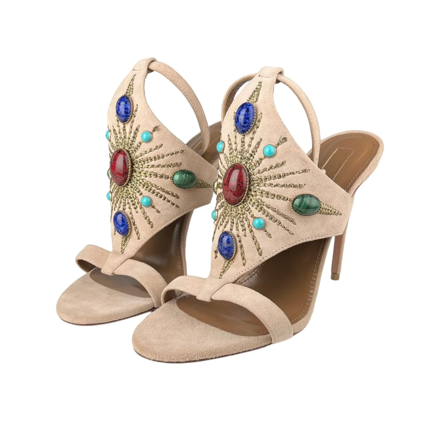 Aquazzura Firenze Desert Sun Biscotto Suede 105 Jewelled Sandal Heels