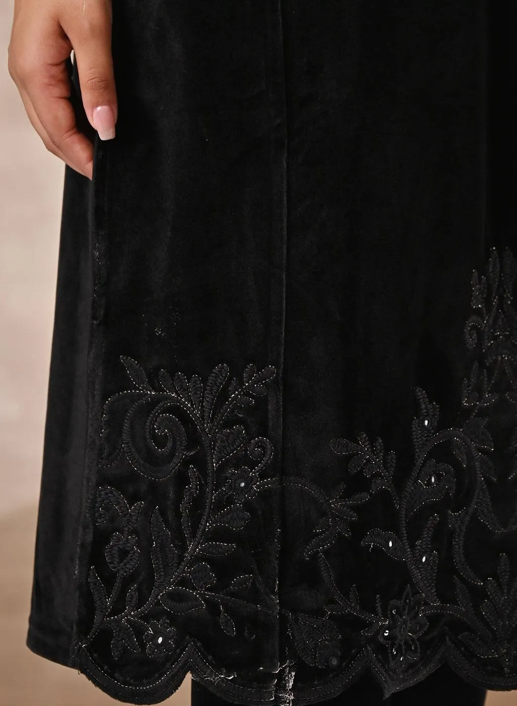 Black Velvet Kurta with Neck Detailing