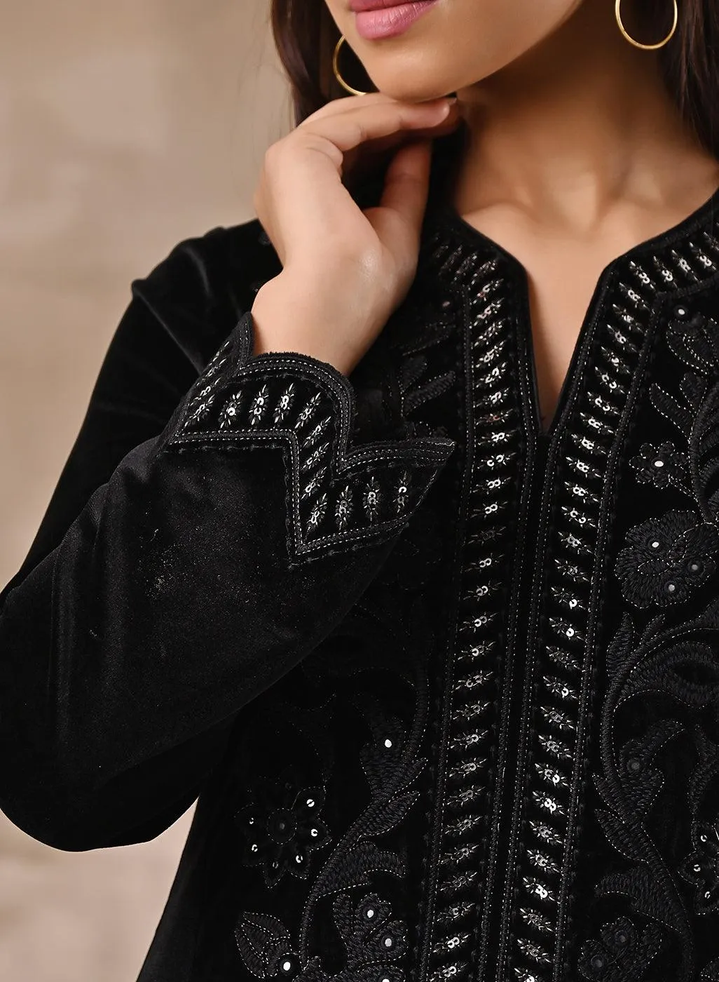 Black Velvet Kurta with Neck Detailing