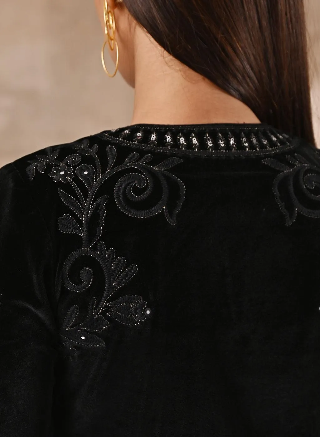 Black Velvet Kurta with Neck Detailing