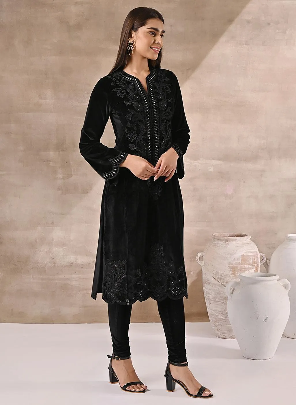 Black Velvet Kurta with Neck Detailing