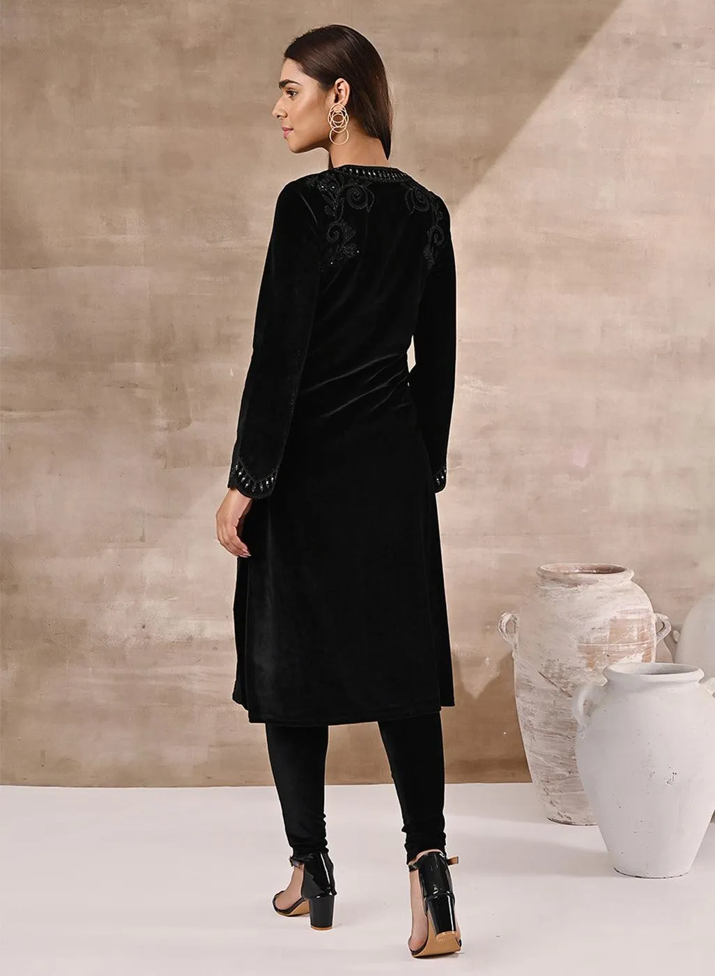 Black Velvet Kurta with Neck Detailing