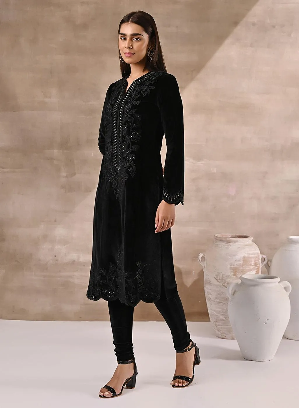 Black Velvet Kurta with Neck Detailing