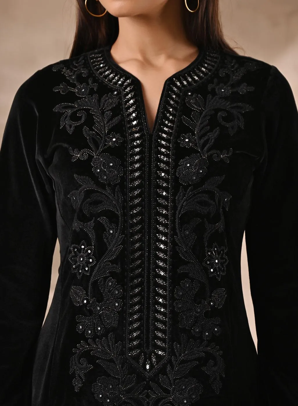 Black Velvet Kurta with Neck Detailing