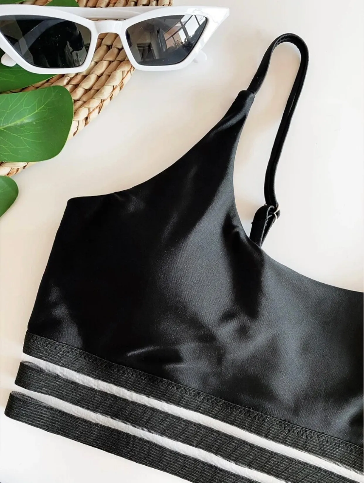 Contrast mesh high waisted two piece swimsuit