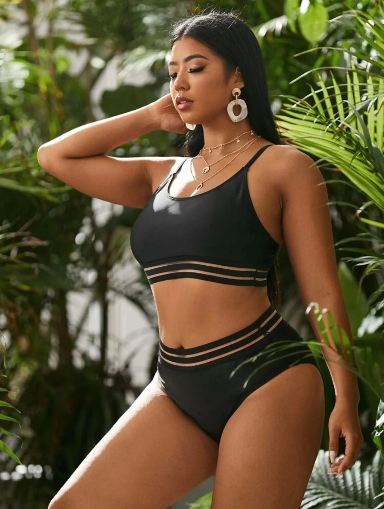 Contrast mesh high waisted two piece swimsuit