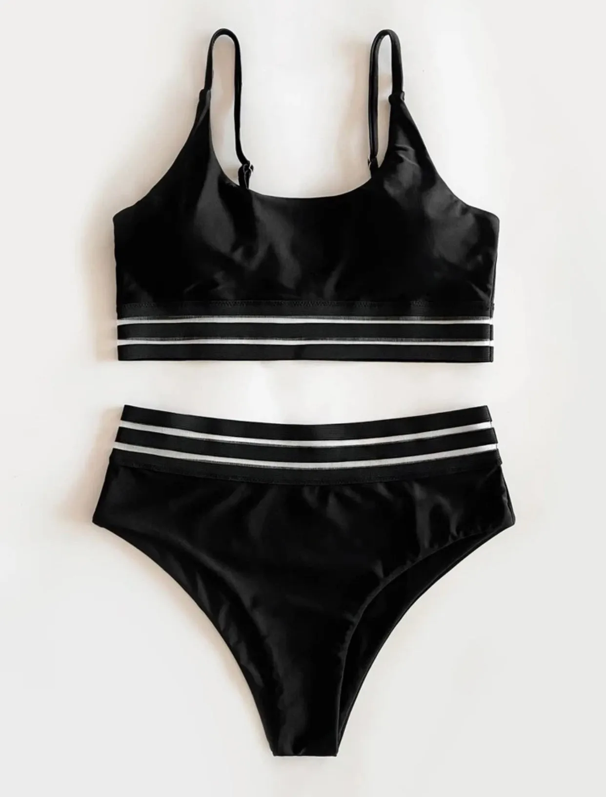 Contrast mesh high waisted two piece swimsuit