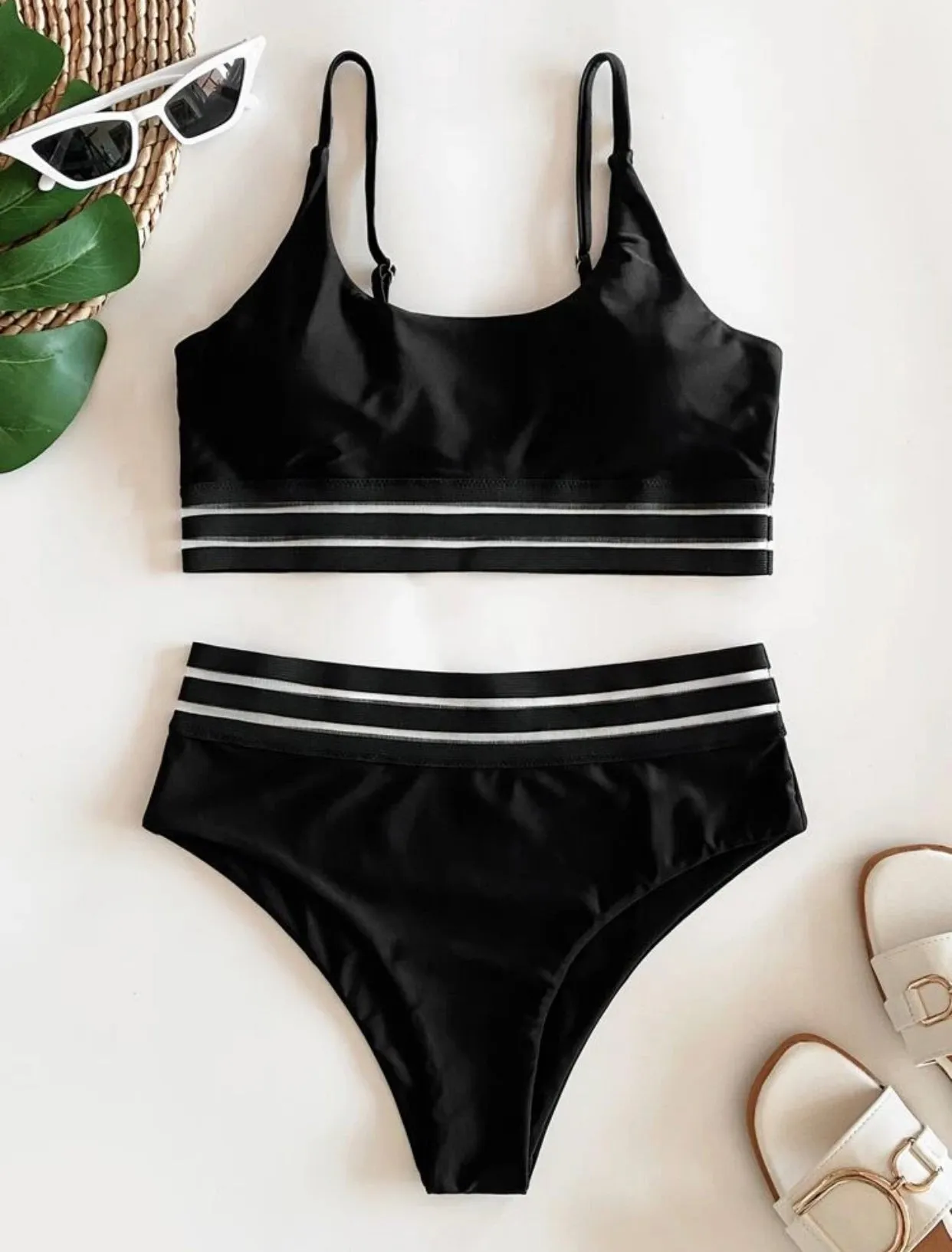 Contrast mesh high waisted two piece swimsuit