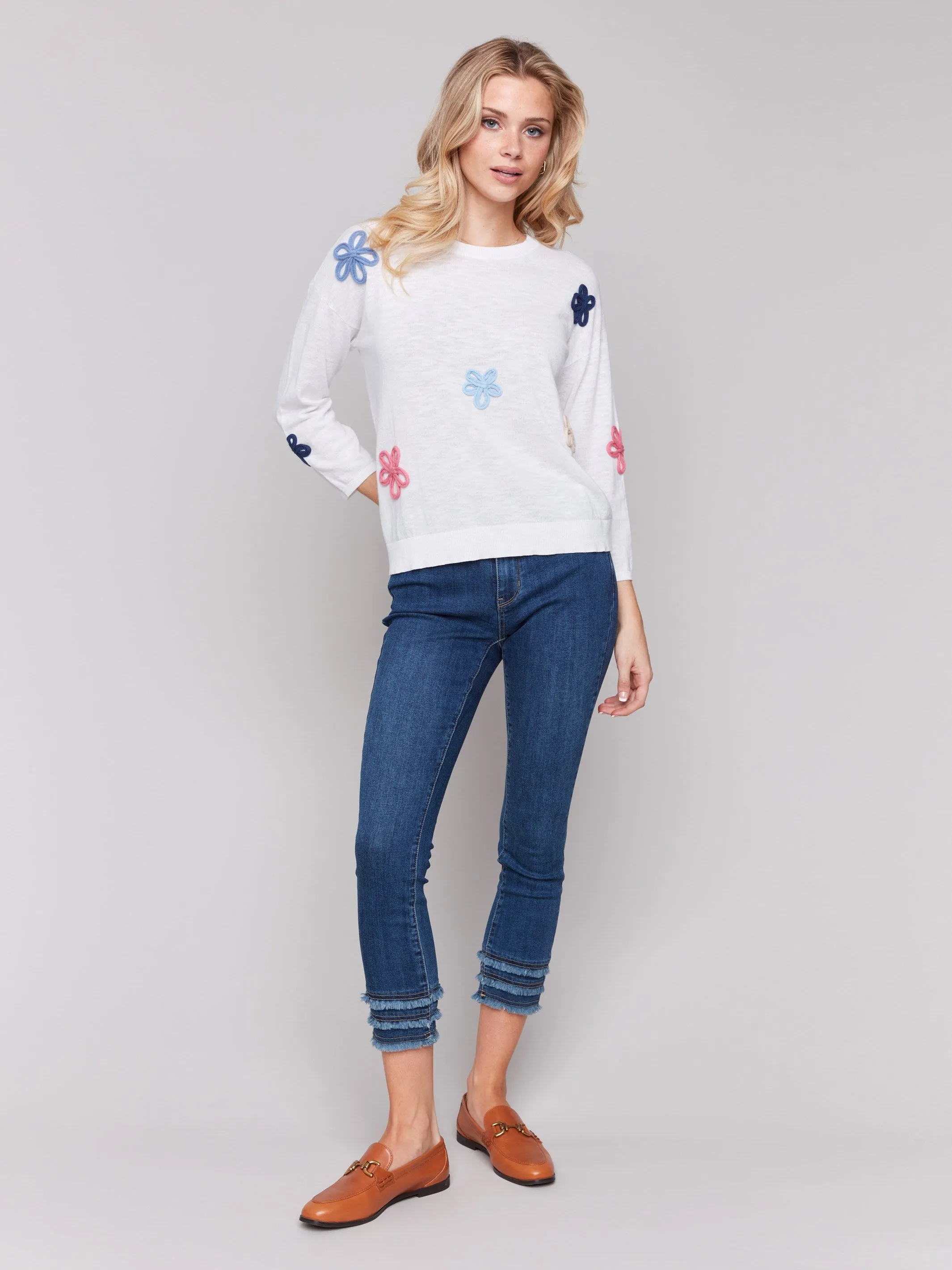 Cotton Sweater with Flower Patches - White