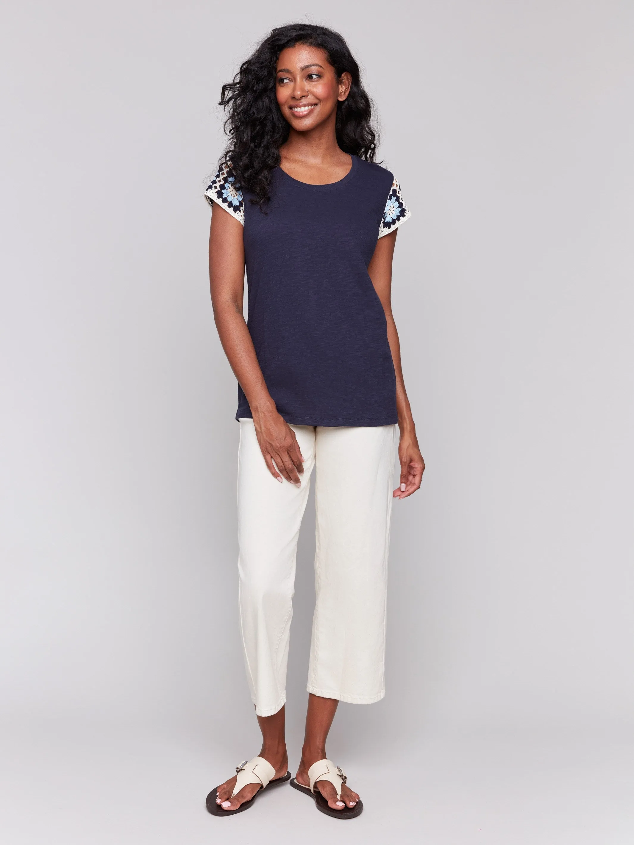 Crochet Cap Sleeve Cotton T-Shirt - Navy