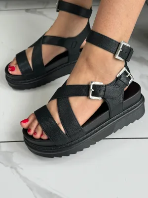 Cross Ankle Strap Chunky Sandals -Black