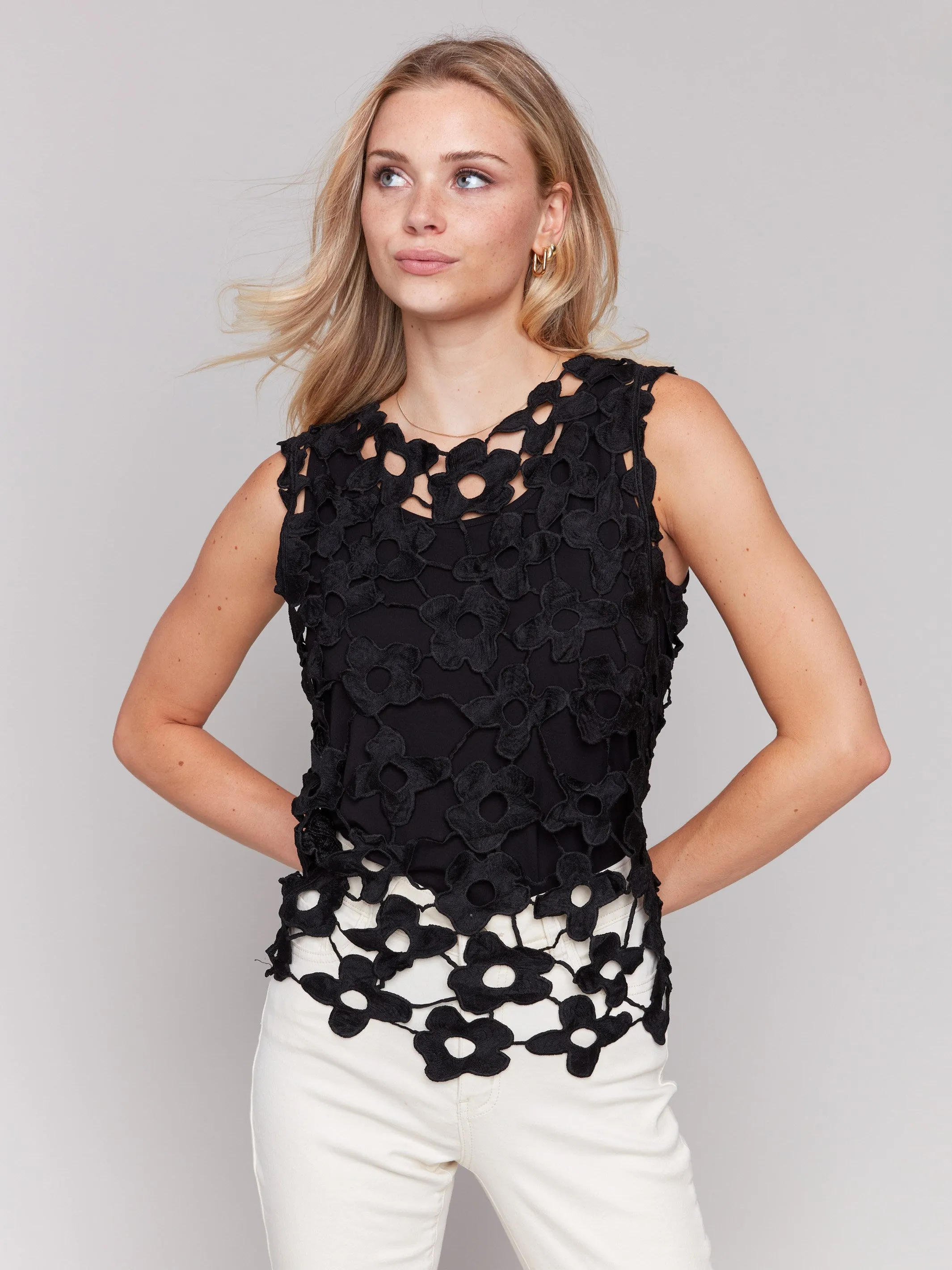 Floral Crochet Sleeveless Top - Black