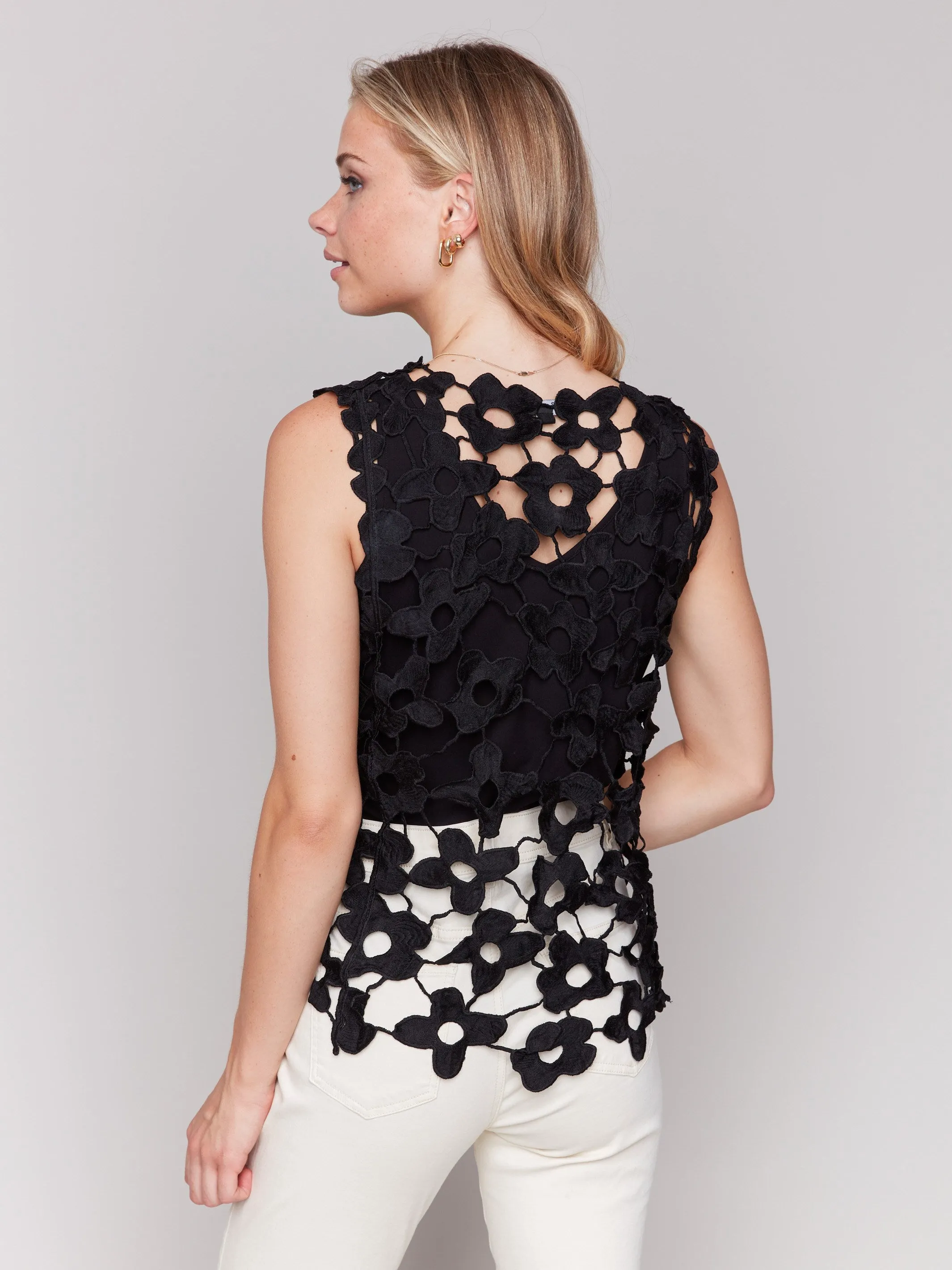 Floral Crochet Sleeveless Top - Black