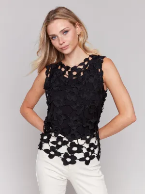 Floral Crochet Sleeveless Top - Black