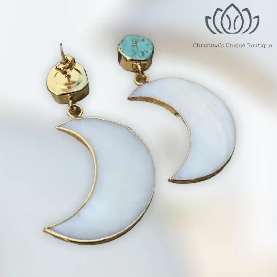 Gorgeous mother of Pearl crescent moon earrings dipped in gold, with raw turquoise.