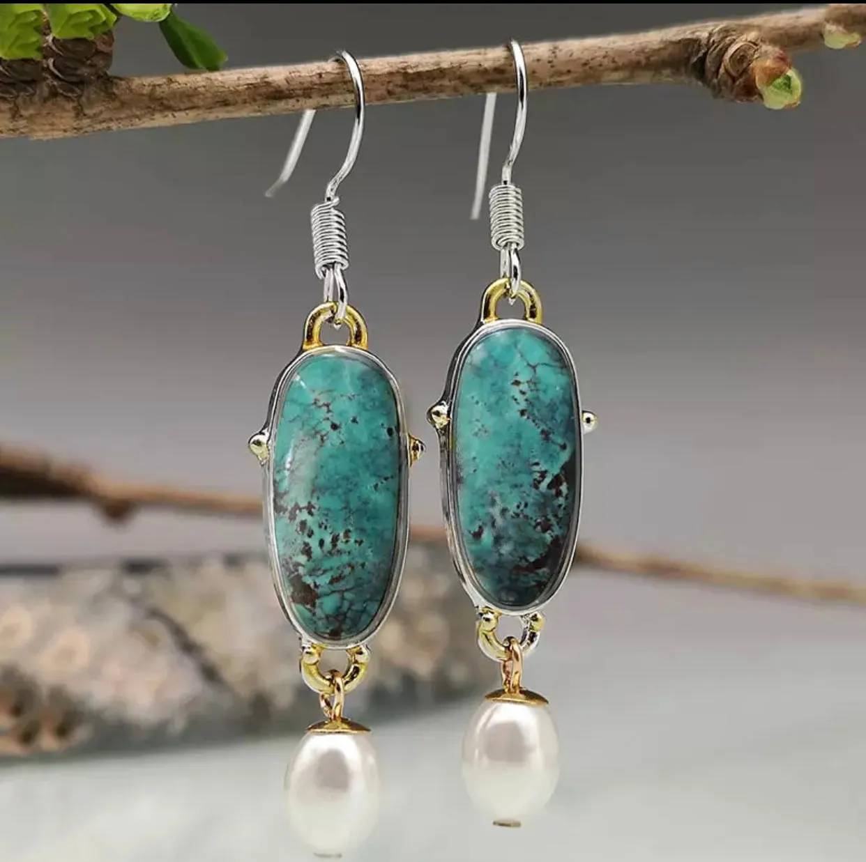 Green/blue turquoise and Pearl inspired dangle earrings.