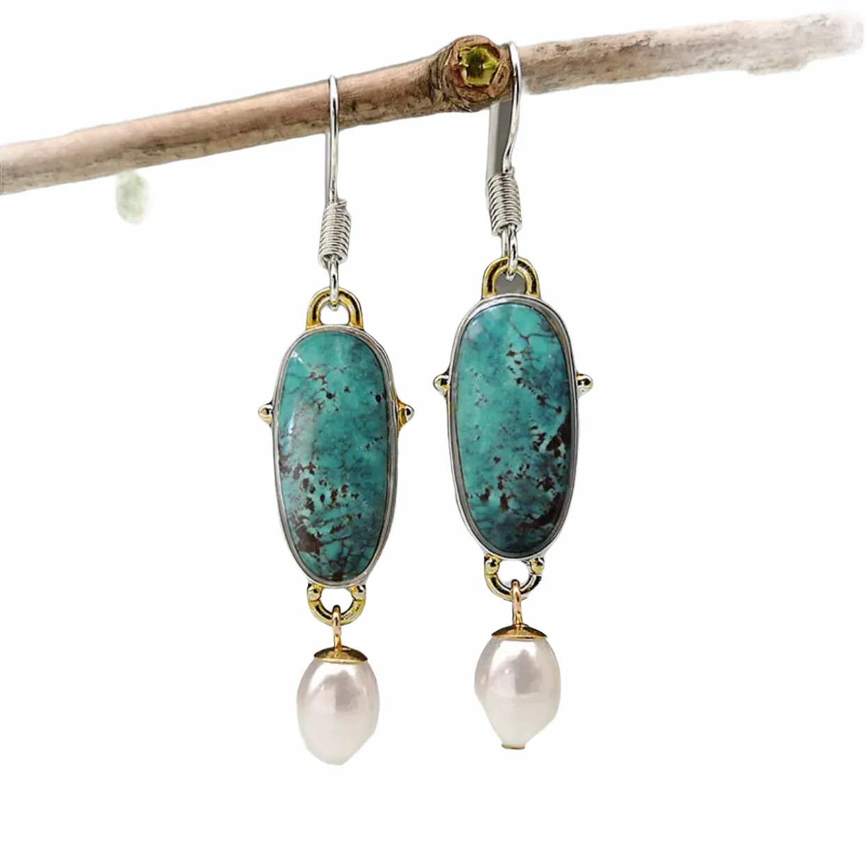Green/blue turquoise and Pearl inspired dangle earrings.