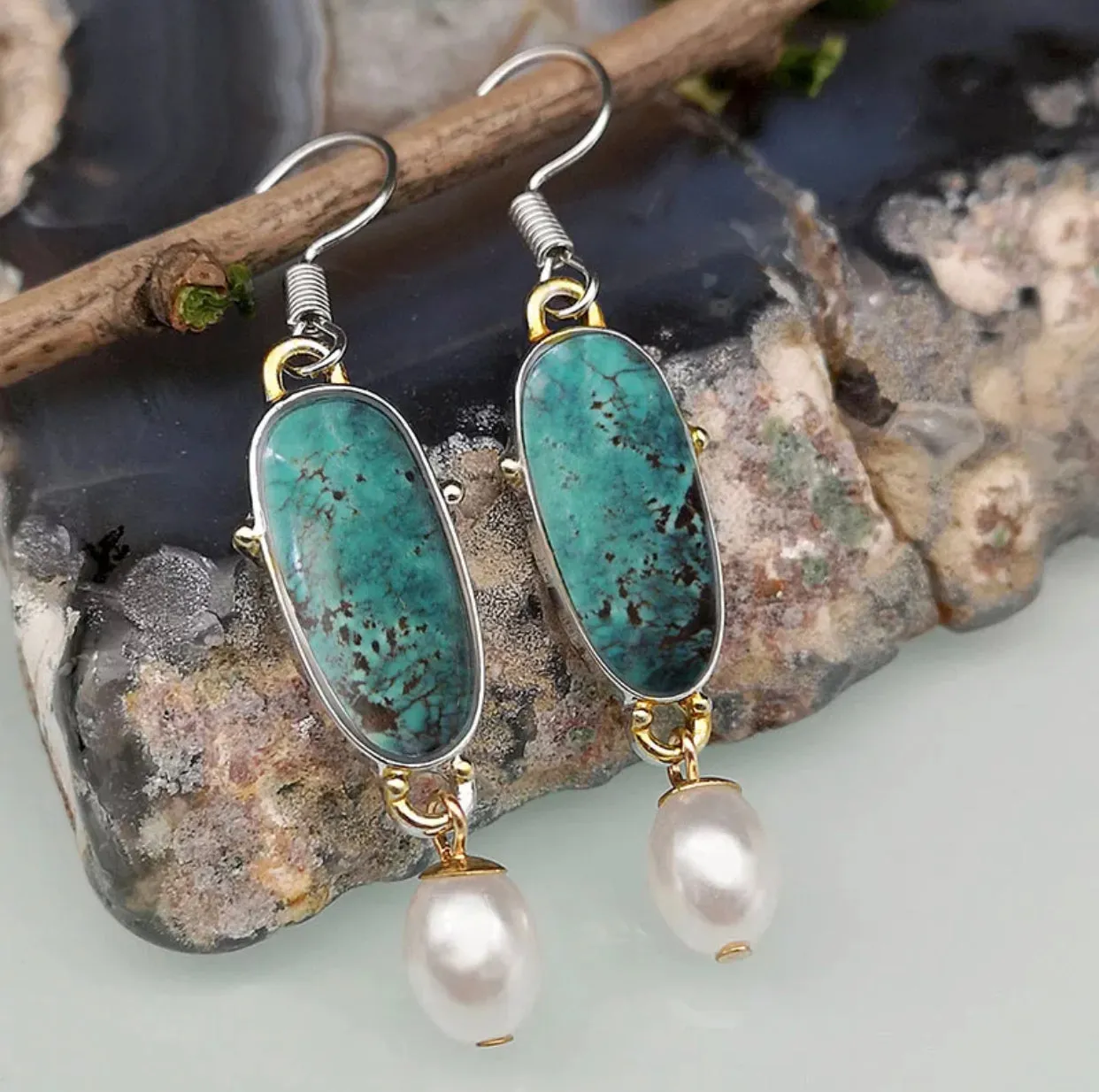 Green/blue turquoise and Pearl inspired dangle earrings.