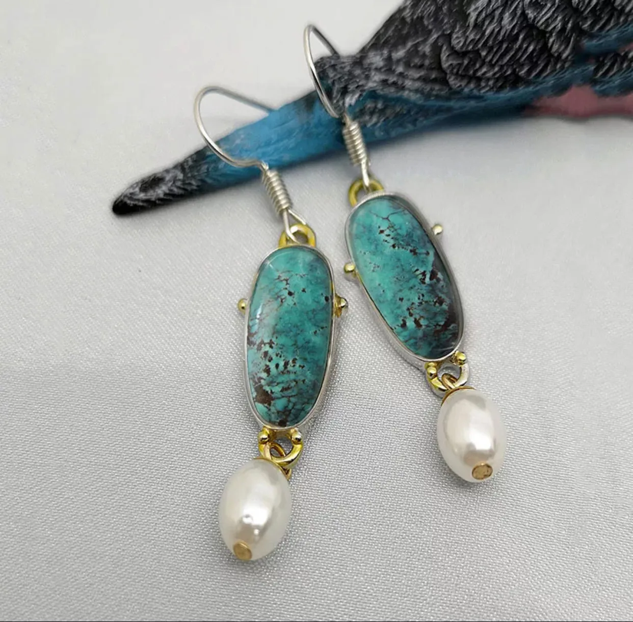 Green/blue turquoise and Pearl inspired dangle earrings.