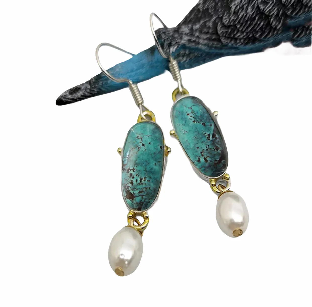 Green/blue turquoise and Pearl inspired dangle earrings.