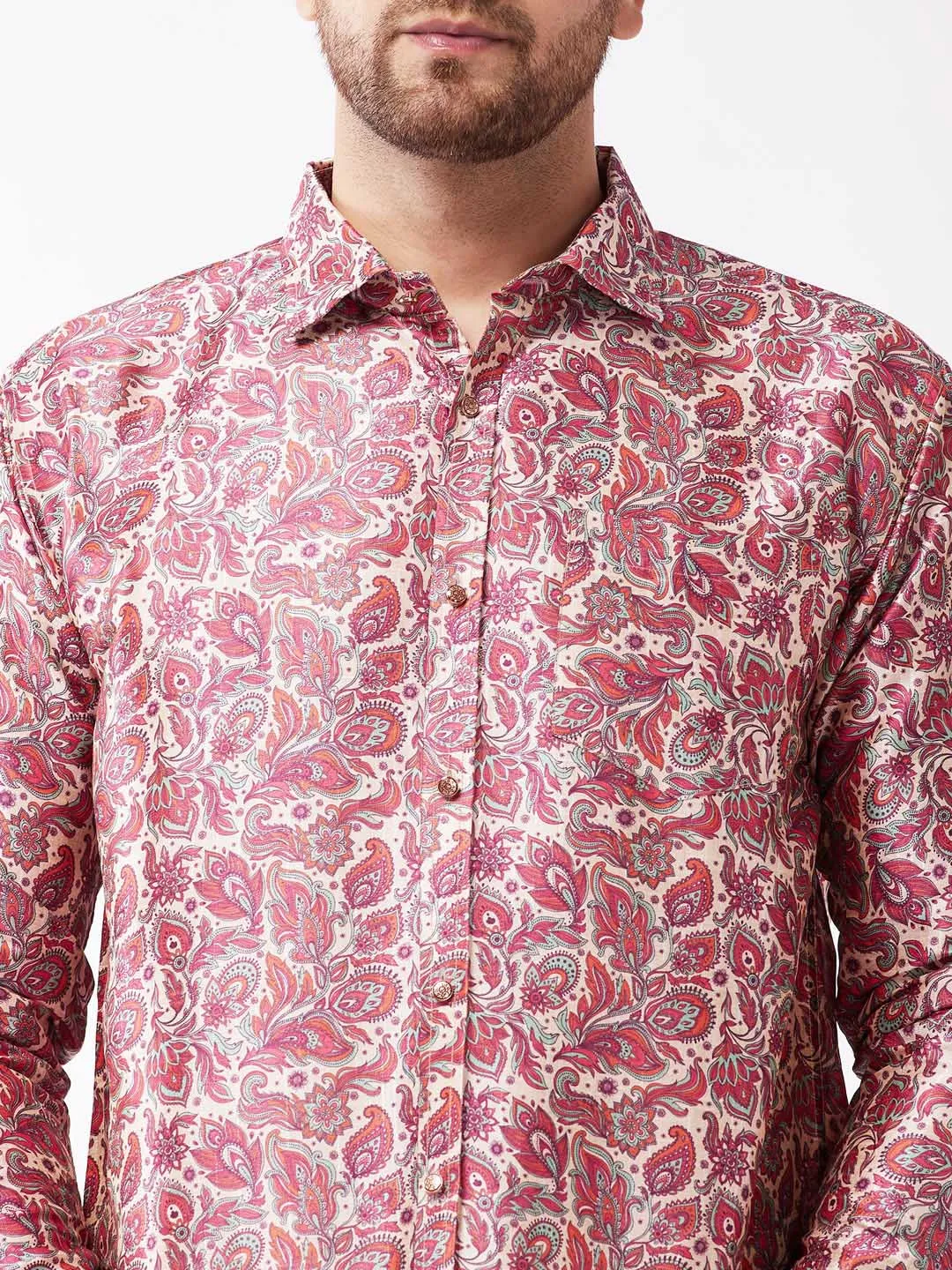 Jashvi Men's Multicolour-Base-Pink Silk Blend Ethnic Shirt