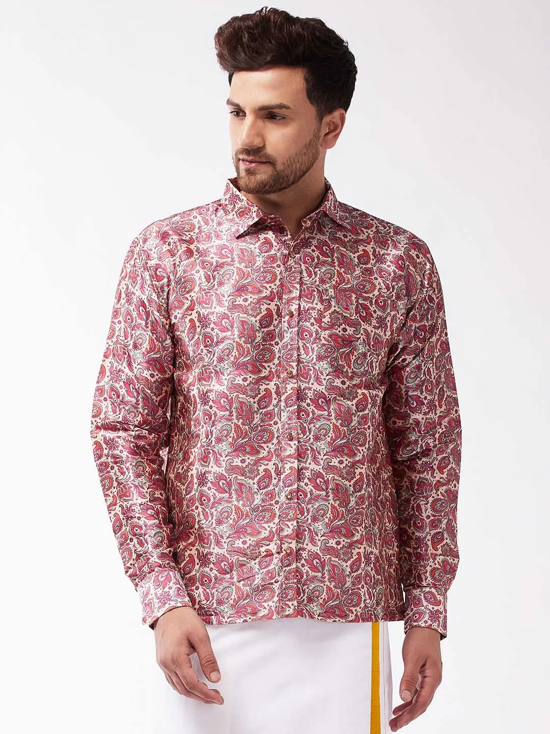 Jashvi Men's Multicolour-Base-Pink Silk Blend Ethnic Shirt