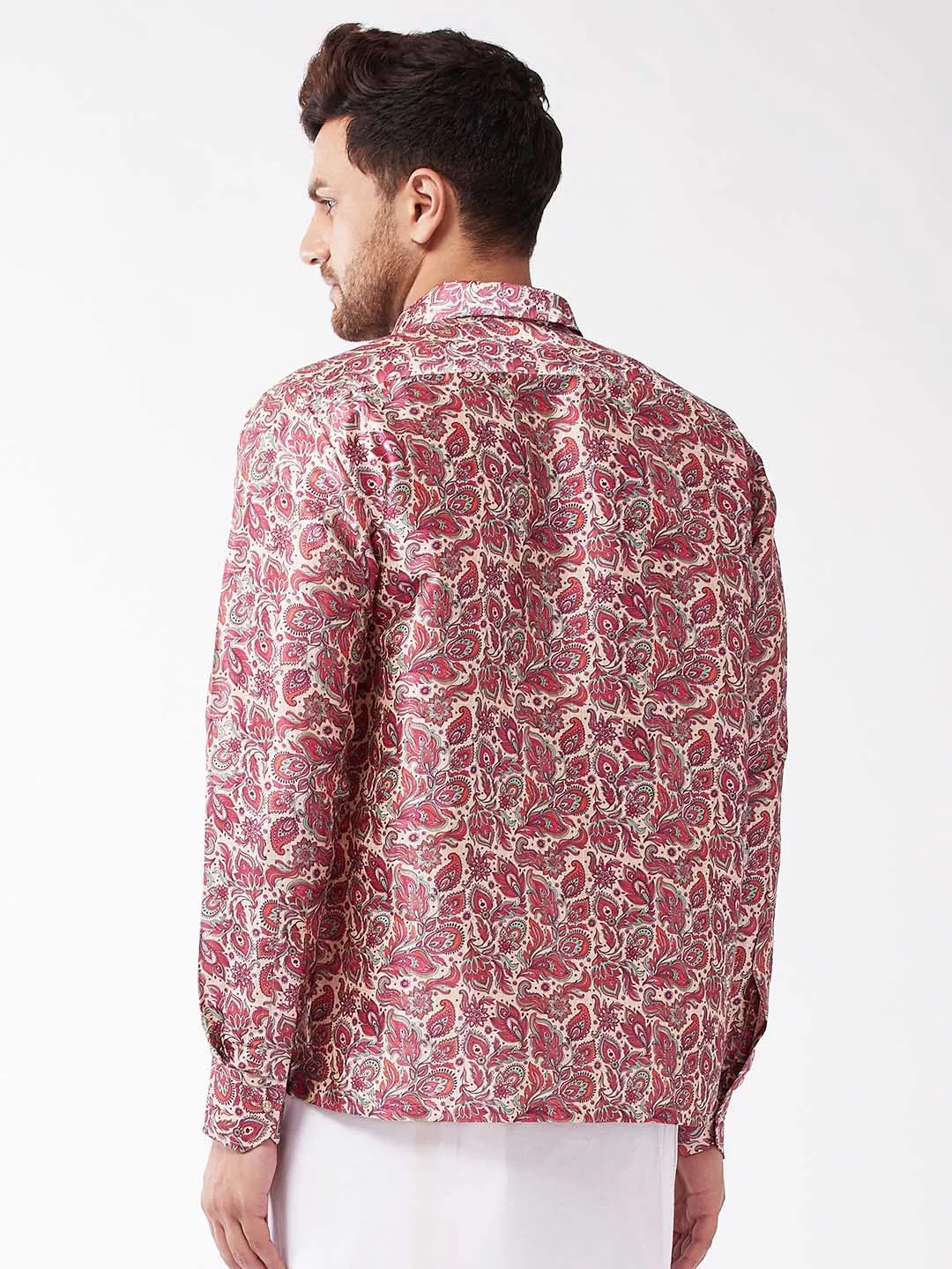 Jashvi Men's Multicolour-Base-Pink Silk Blend Ethnic Shirt