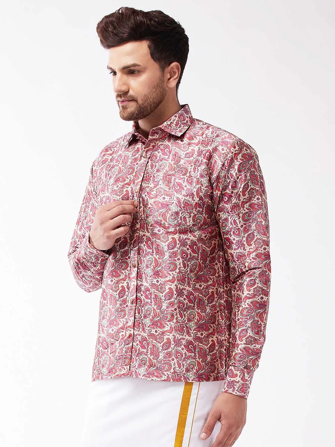 Jashvi Men's Multicolour-Base-Pink Silk Blend Ethnic Shirt