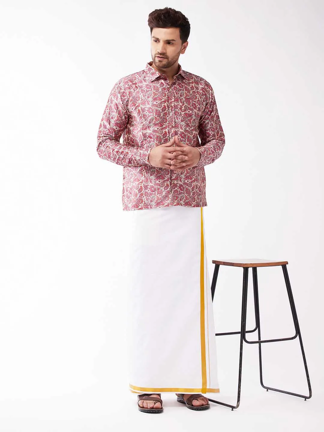 Jashvi Men's Multicolour-Base-Pink Silk Blend Ethnic Shirt