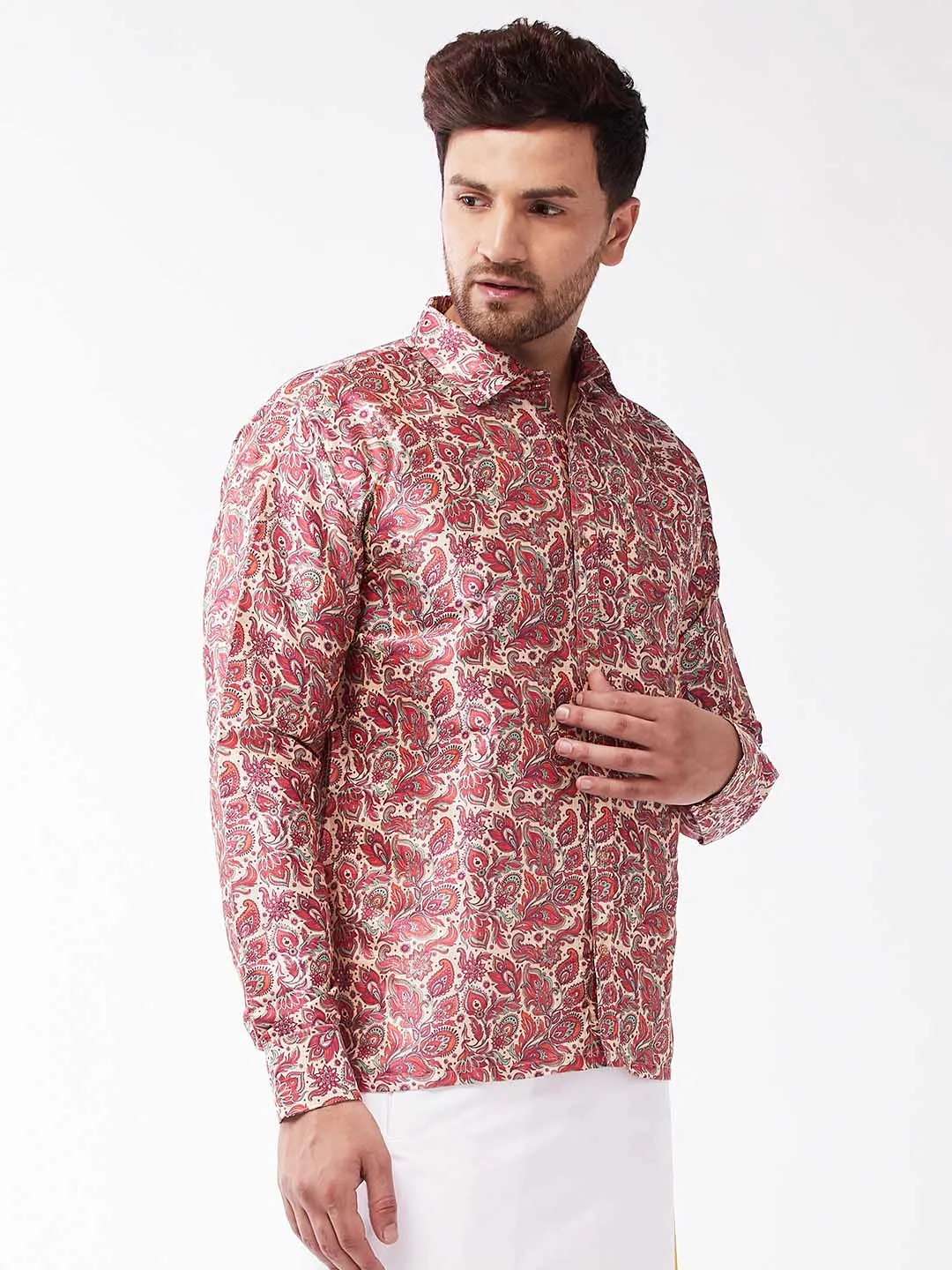 Jashvi Men's Multicolour-Base-Pink Silk Blend Ethnic Shirt