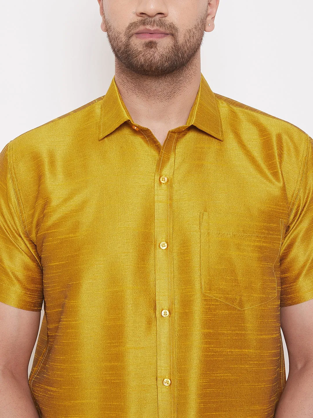 Jashvi Men's Mustard Silk Blend Ethnic Shirt