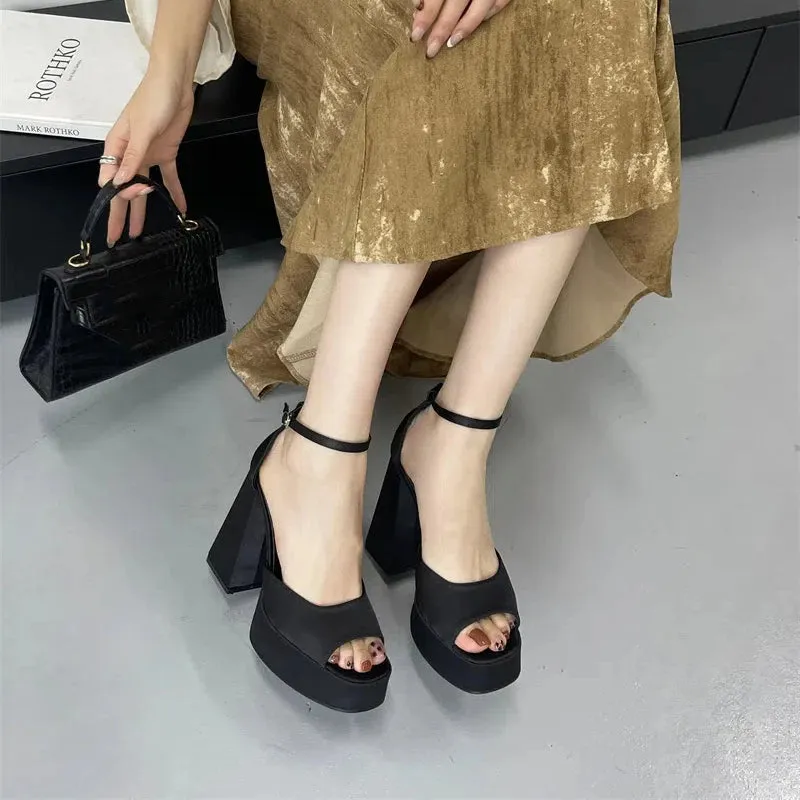 Korean Satin Thick-heeled Sandals Hollow Fish Mouth High Heels