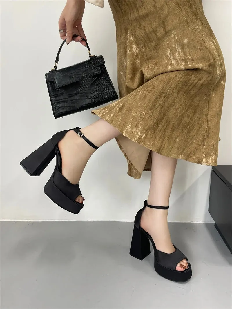 Korean Satin Thick-heeled Sandals Hollow Fish Mouth High Heels