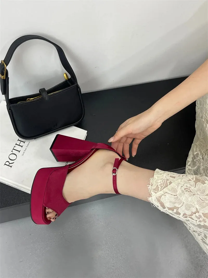 Korean Satin Thick-heeled Sandals Hollow Fish Mouth High Heels
