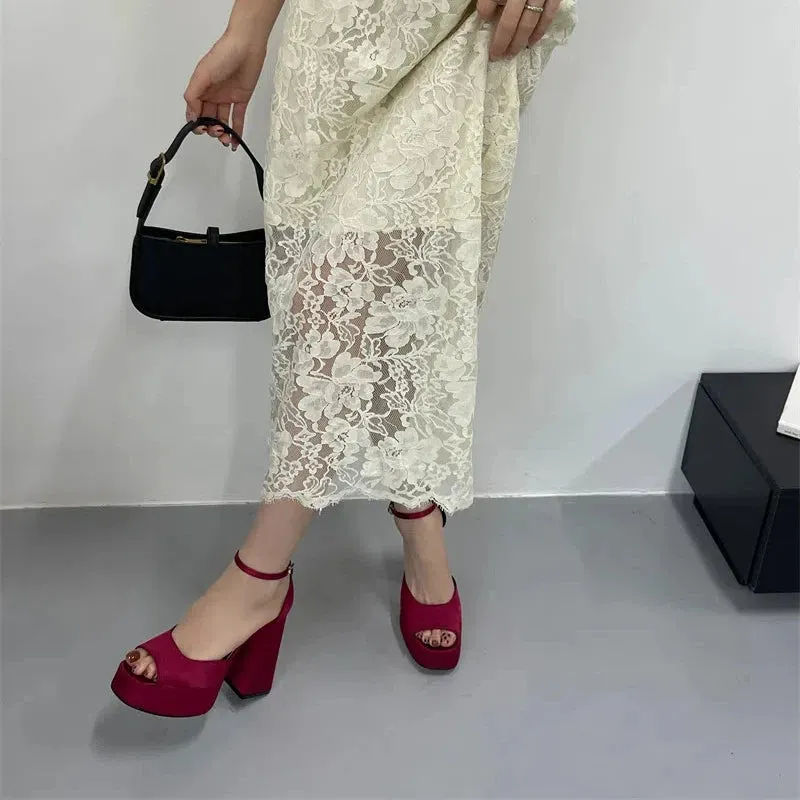 Korean Satin Thick-heeled Sandals Hollow Fish Mouth High Heels