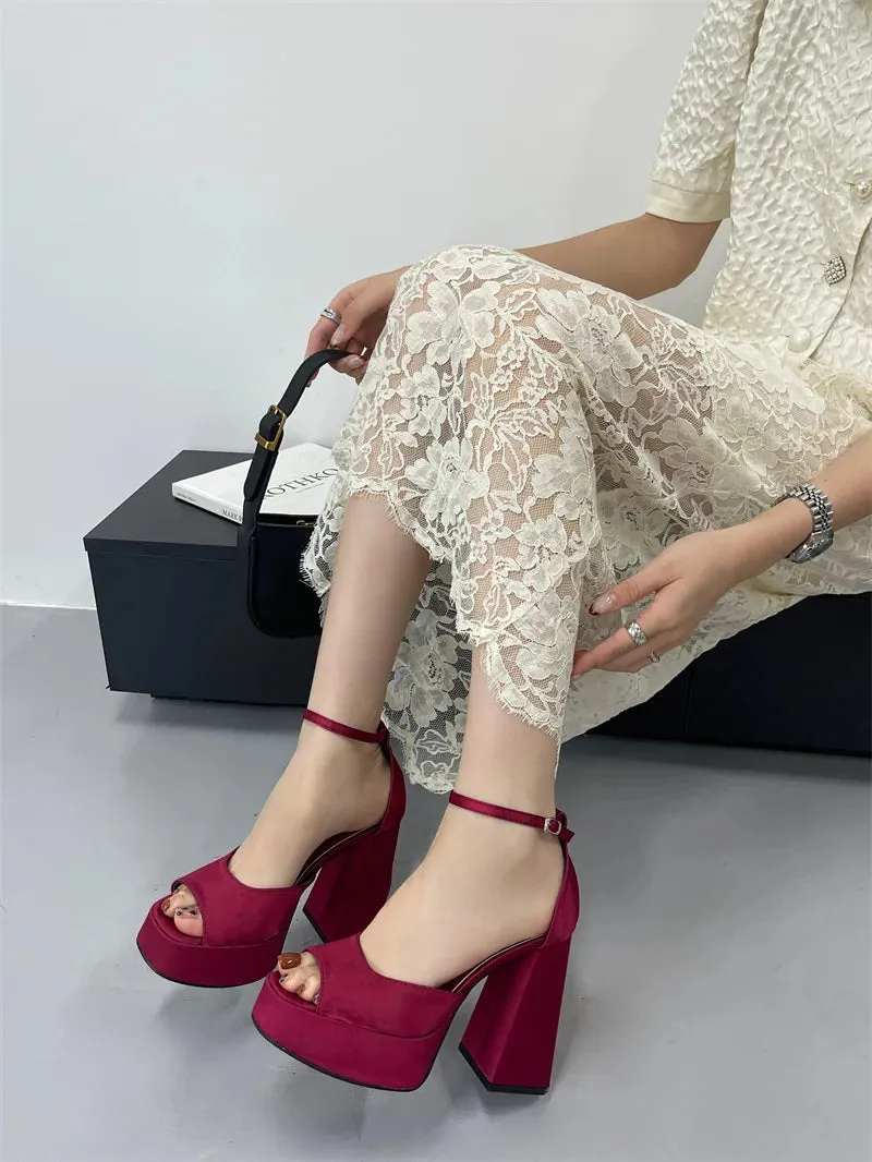 Korean Satin Thick-heeled Sandals Hollow Fish Mouth High Heels