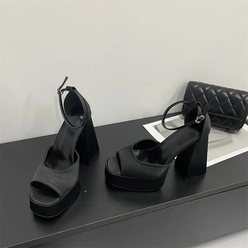 Korean Satin Thick-heeled Sandals Hollow Fish Mouth High Heels