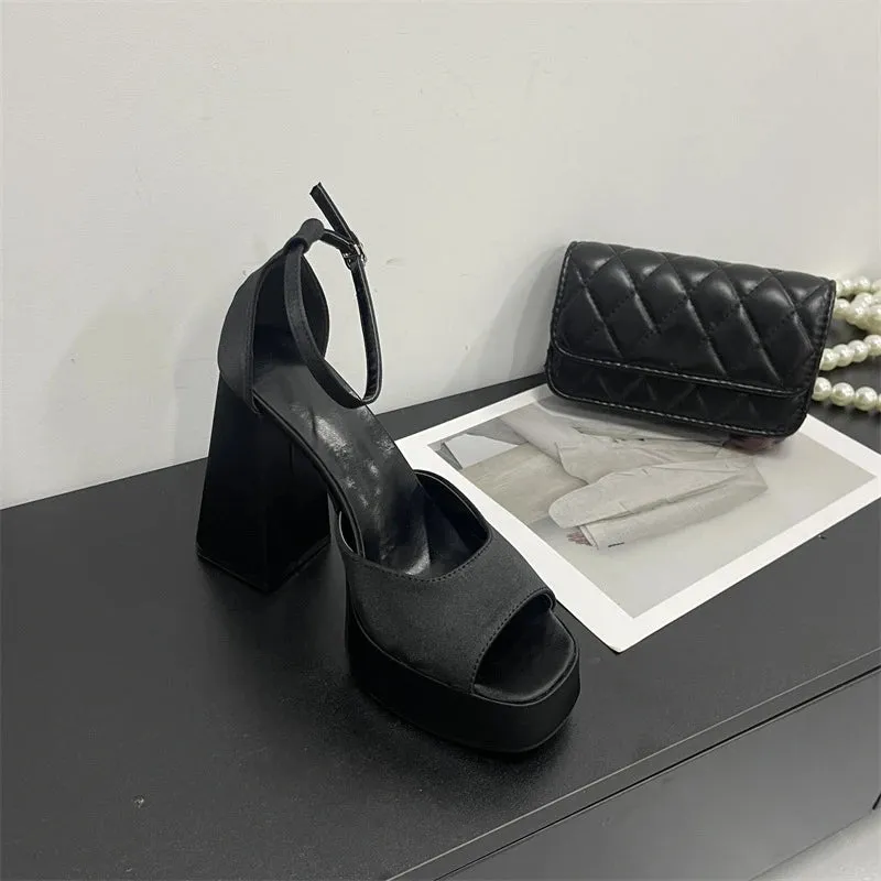 Korean Satin Thick-heeled Sandals Hollow Fish Mouth High Heels