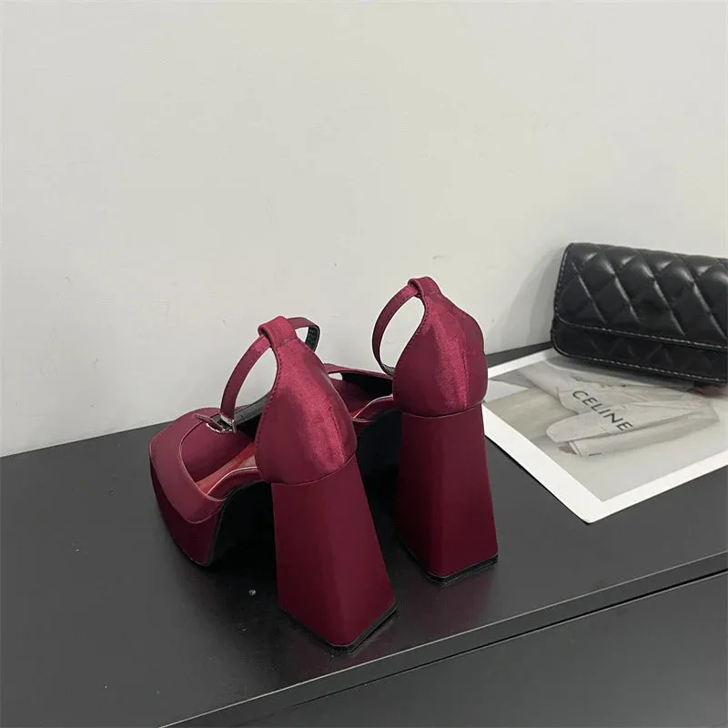 Korean Satin Thick-heeled Sandals Hollow Fish Mouth High Heels