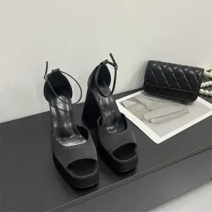 Korean Satin Thick-heeled Sandals Hollow Fish Mouth High Heels