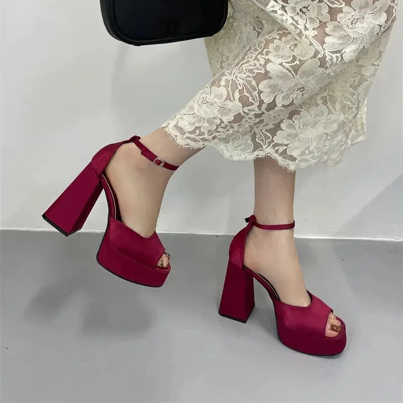 Korean Satin Thick-heeled Sandals Hollow Fish Mouth High Heels