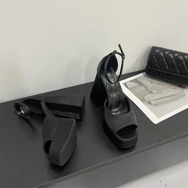 Korean Satin Thick-heeled Sandals Hollow Fish Mouth High Heels