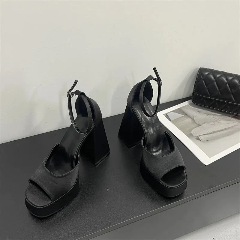 Korean Satin Thick-heeled Sandals Hollow Fish Mouth High Heels