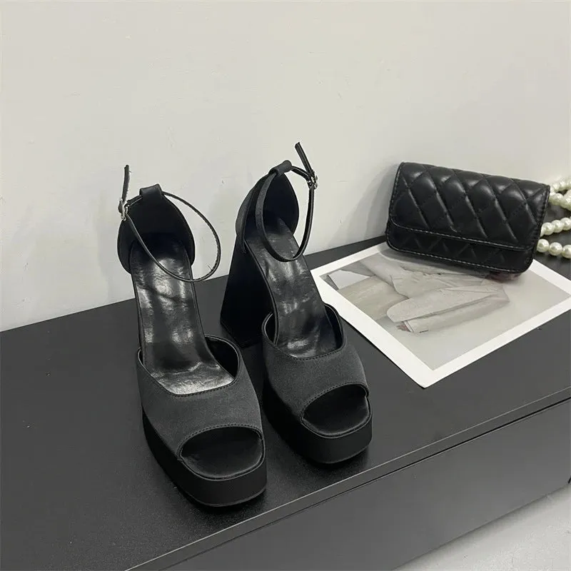 Korean Satin Thick-heeled Sandals Hollow Fish Mouth High Heels