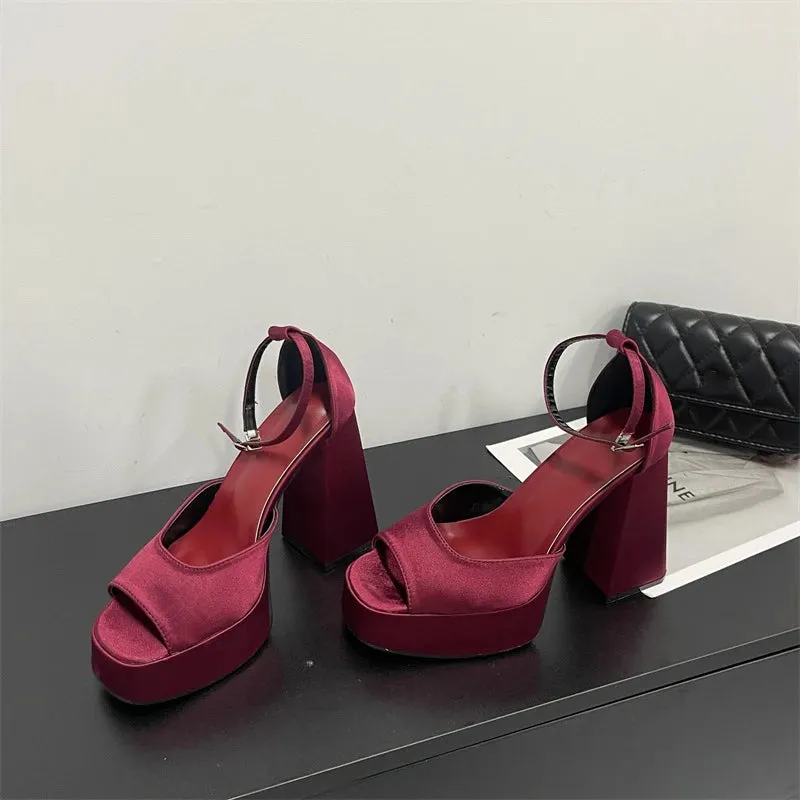 Korean Satin Thick-heeled Sandals Hollow Fish Mouth High Heels