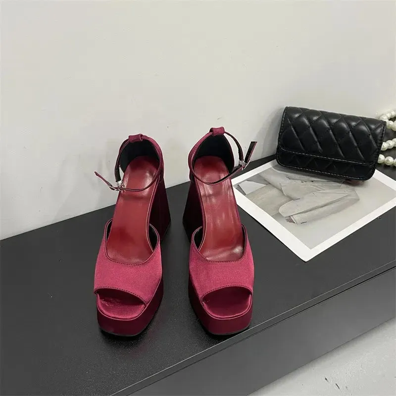 Korean Satin Thick-heeled Sandals Hollow Fish Mouth High Heels