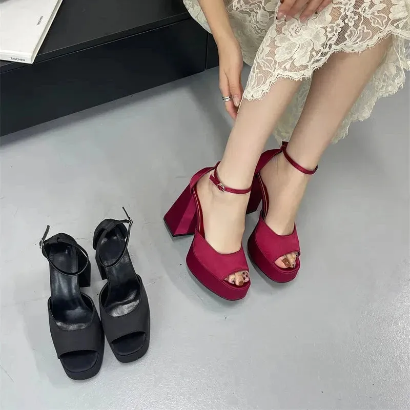 Korean Satin Thick-heeled Sandals Hollow Fish Mouth High Heels