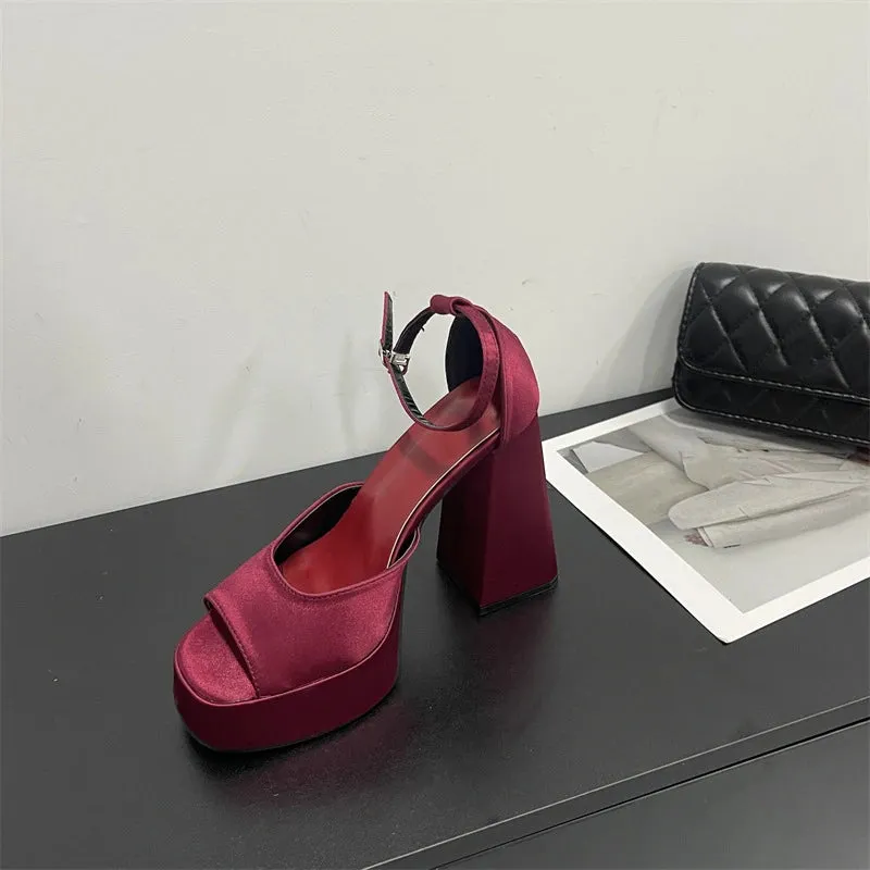Korean Satin Thick-heeled Sandals Hollow Fish Mouth High Heels