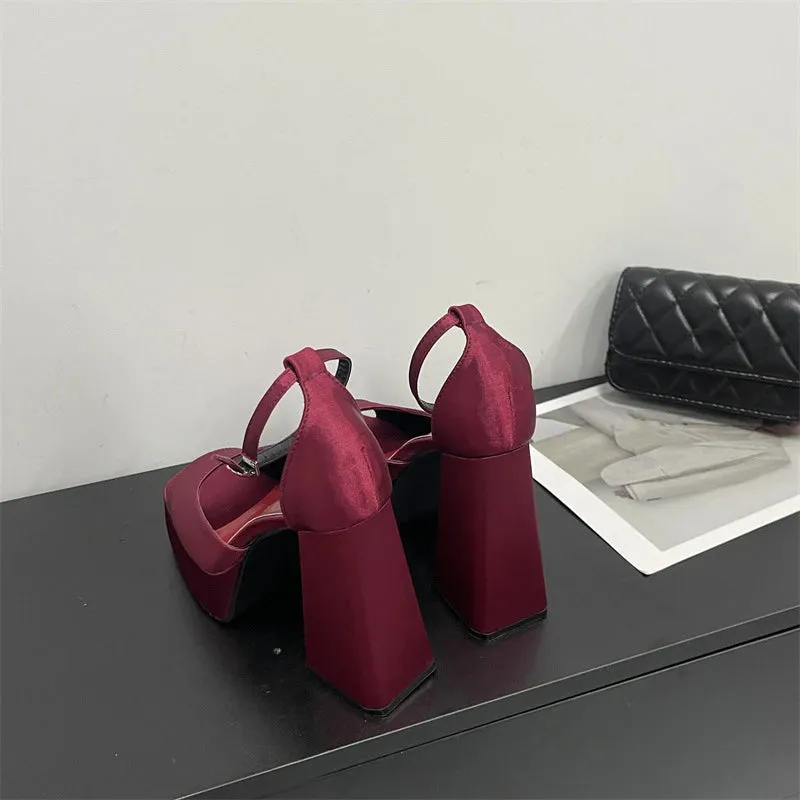 Korean Satin Thick-heeled Sandals Hollow Fish Mouth High Heels